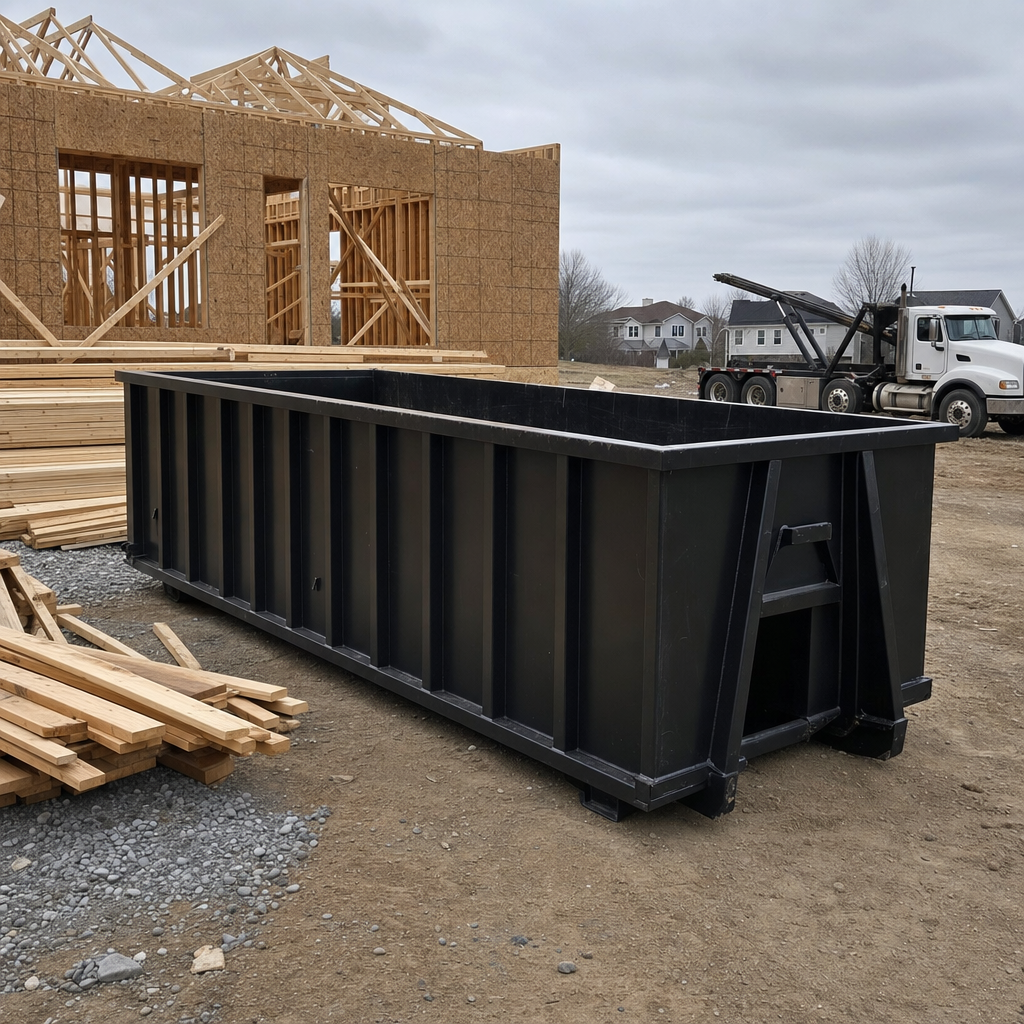 Matte-black 40-yard roll-off dumpster staged on a framed-out residential construction site in Mesquite, framing lumber stacked nearby, hooklift delivery truck visible in the background under bright Colorado daylight