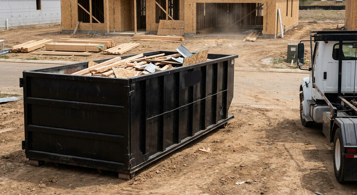 Matte-black 20-yard roll-off construction dumpster with heavy ribbed steel sidewalls and swing rear doors at a working jobsite in Mesquite, sitting directly on compacted dirt with an unmarked white hauler partially visible at the far edge of the frame.