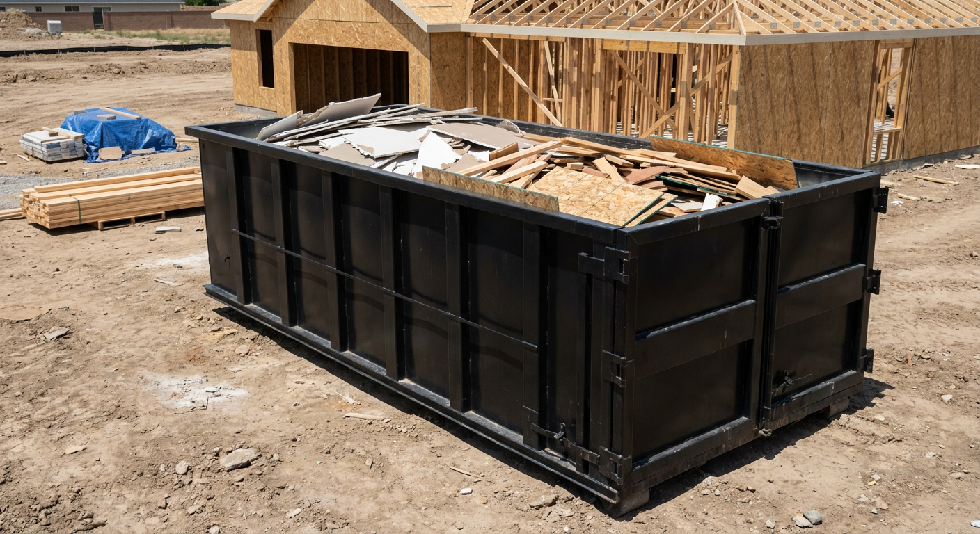 Matte-black 30-yard roll-off construction dumpster sitting directly on the compacted-dirt site of a framed single-family home build in Mesquite, drywall and lumber scrap loaded inside.