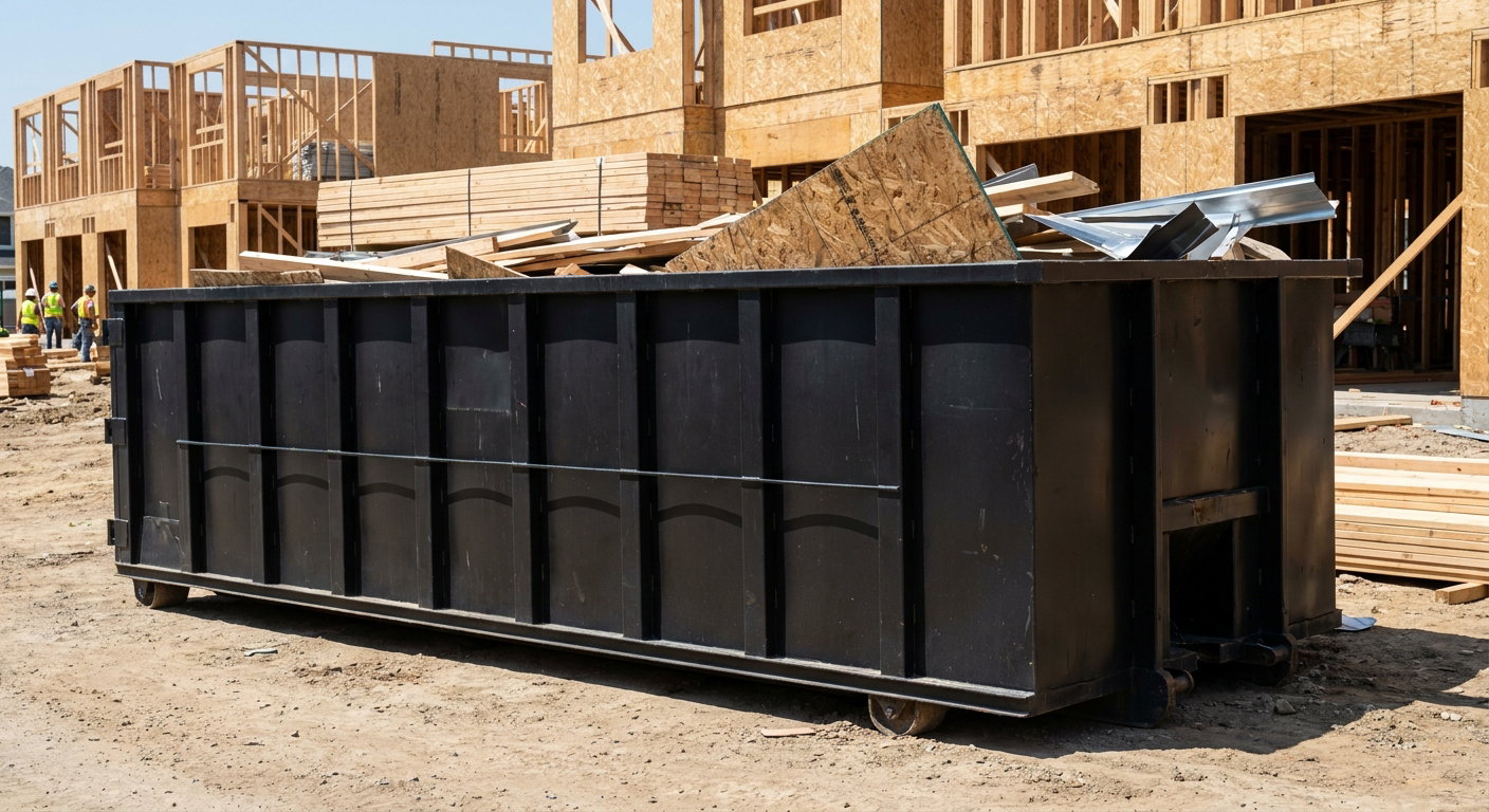 Matte-black 40-yard roll-off construction dumpster being lowered from a white-cab hooklift delivery truck onto the compacted-dirt jobsite at a commercial build site in Mesquite
