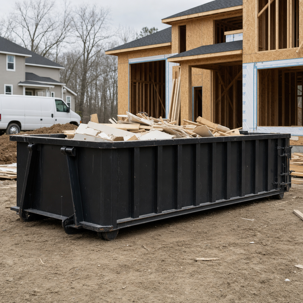 Worker in a yellow high-visibility vest tossing framing lumber and broken drywall into a matte-black 30-yard construction roll-off dumpster on an active build site in Mesquite, bright daylight