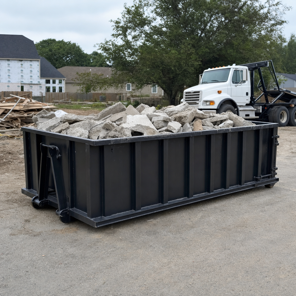 Low-profile matte-black lowboy roll-off dumpster loaded with broken concrete slab and rebar at a foundation tear-out in Mesquite, skid steer parked beside it, sunny Colorado morning