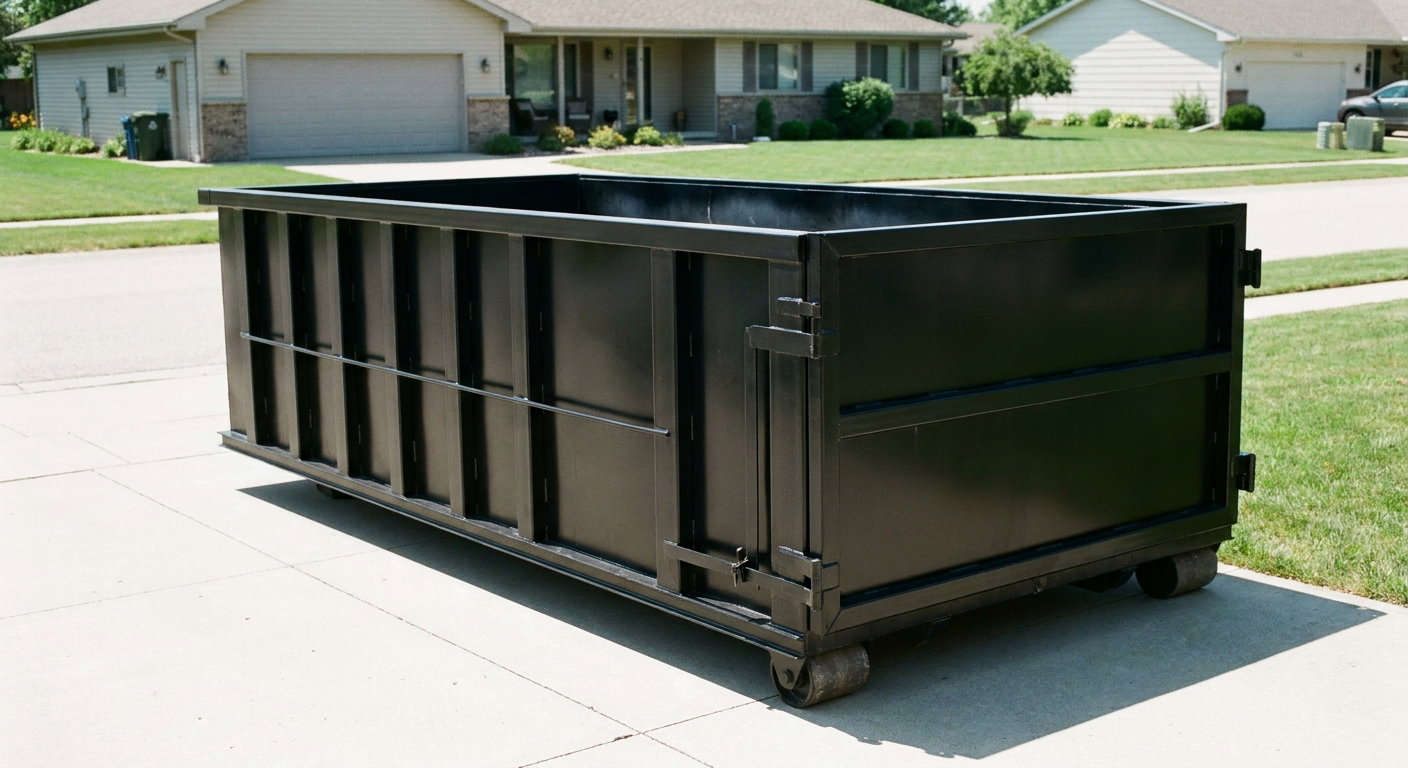 Matte-black 10-yard roll-off dumpster on a residential concrete driveway in Mesquite, uniformly painted matte black across every panel and rail, ribbed steel sidewalls and rear swing door visible, mid-day daylight.