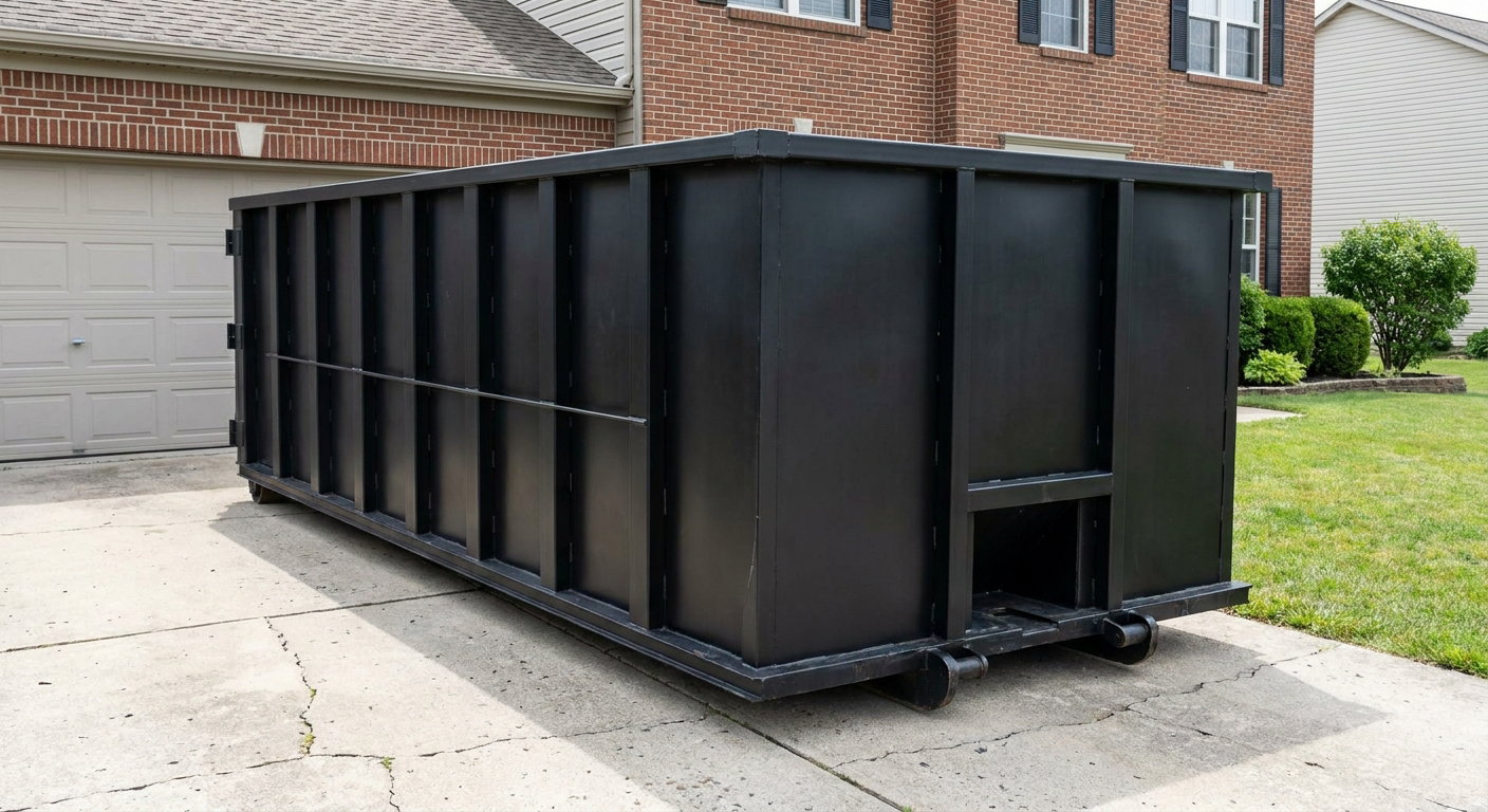 Matte-black 20-yard roll-off container on a Mesquite residential concrete driveway with reinforced ribbed steel sidewalls and a hinged rear walk-in door, clean bright daylight.