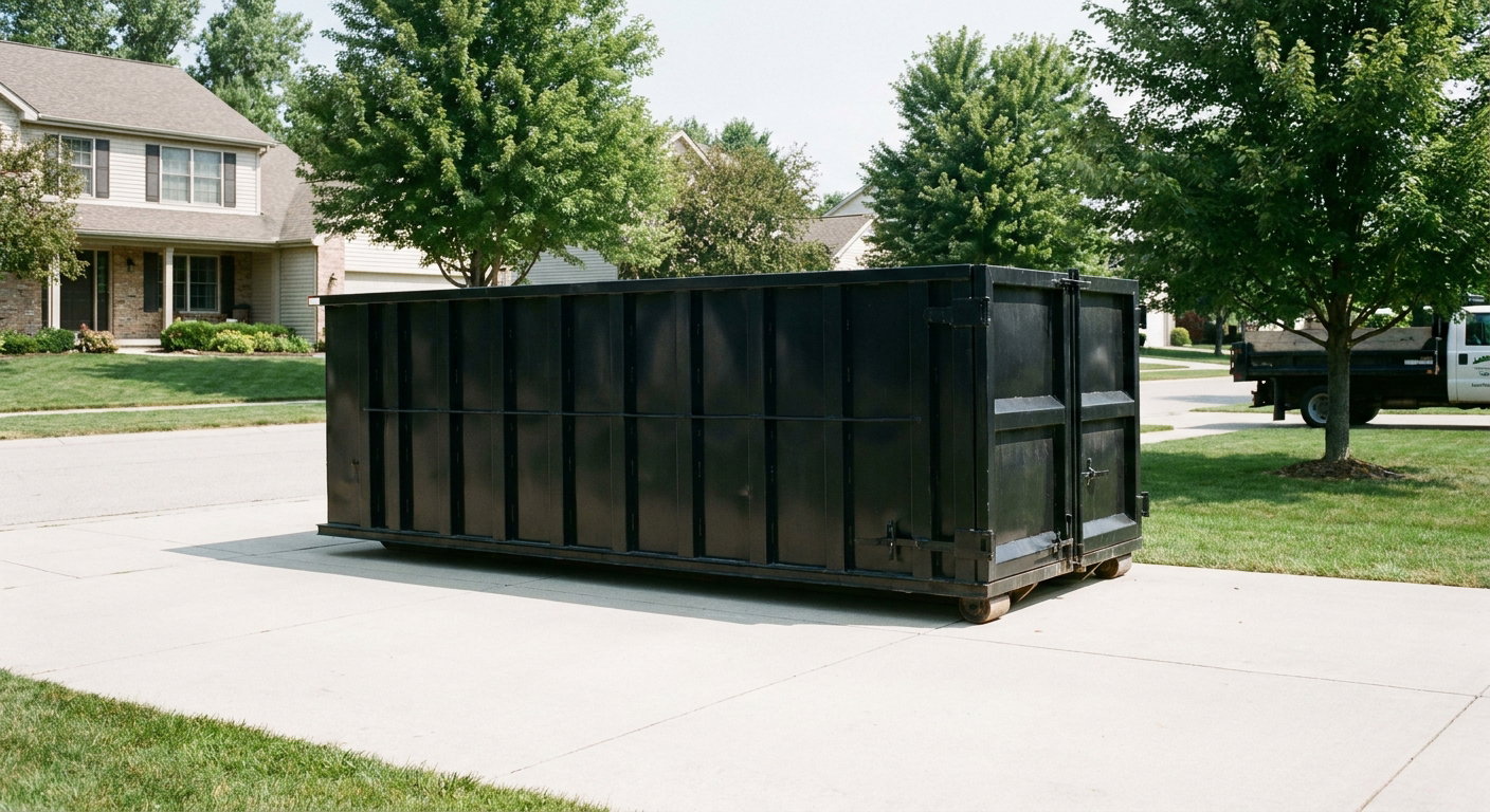 Matte-black 20-yard roll-off dumpster sitting level on a clean Mesquite residential concrete driveway under bright daylight, demonstrating clean placement directly on the concrete.