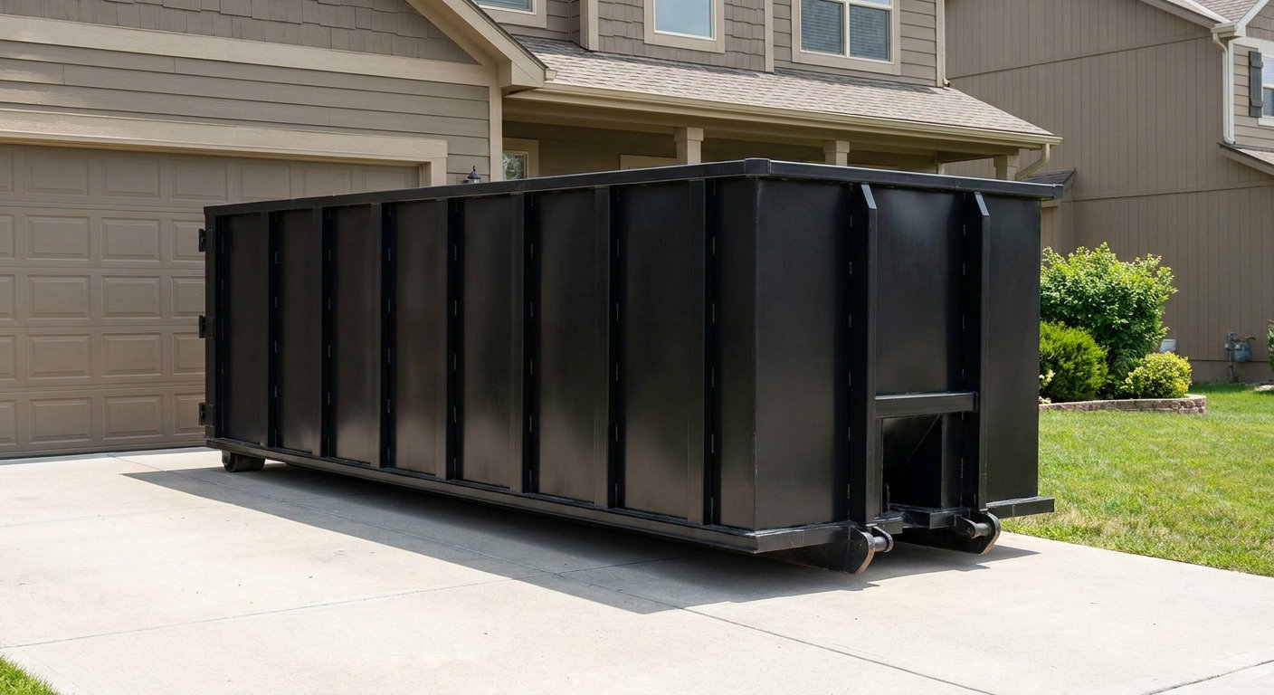 Matte-black residential roll-off dumpster sitting directly on a suburban Mesquite concrete driveway, garage door closed, single-family home in background, bright morning daylight.