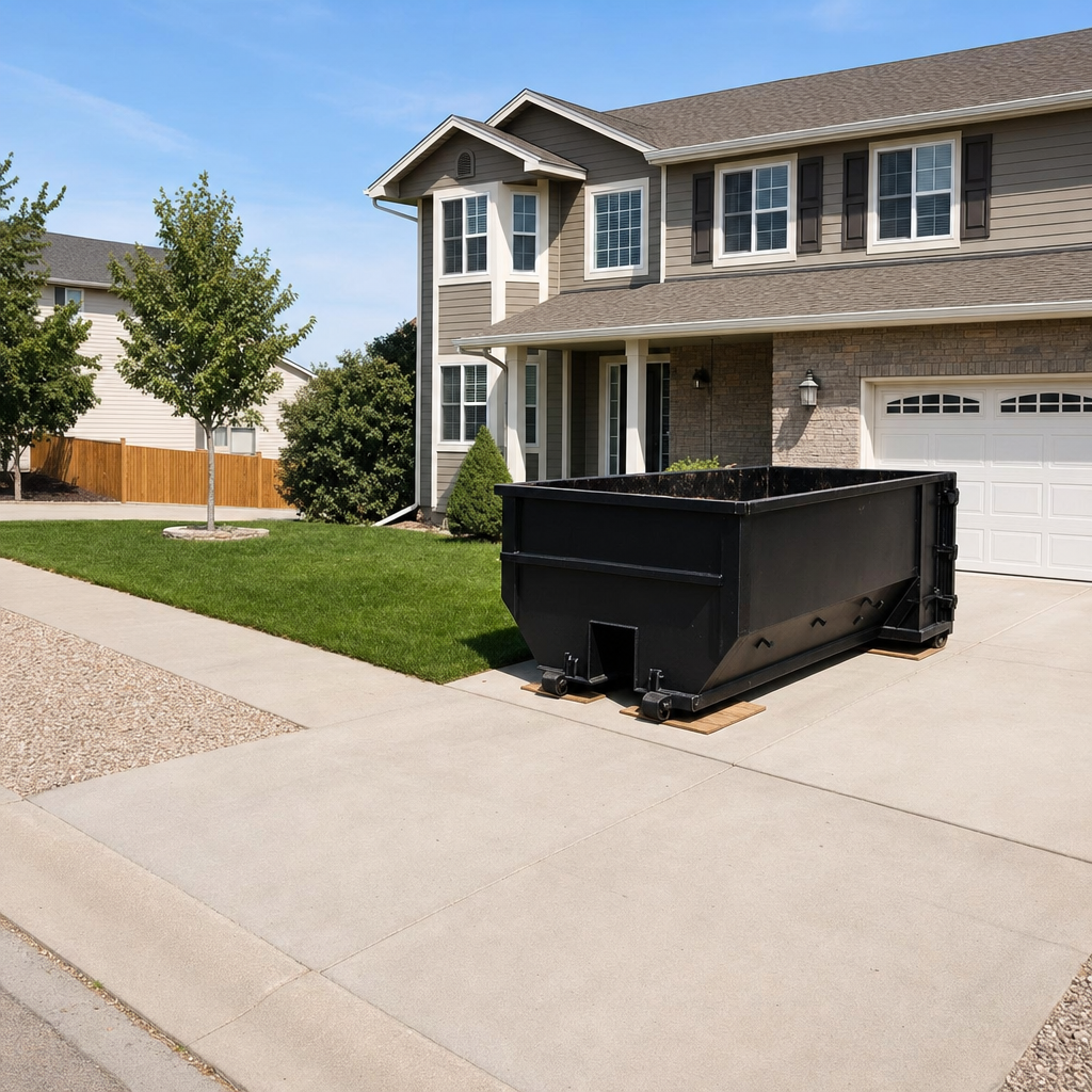 10-yard matte-black residential dumpster placed directly on a narrow Mesquite concrete driveway, room remains for a parked sedan beside it, mid-morning natural light