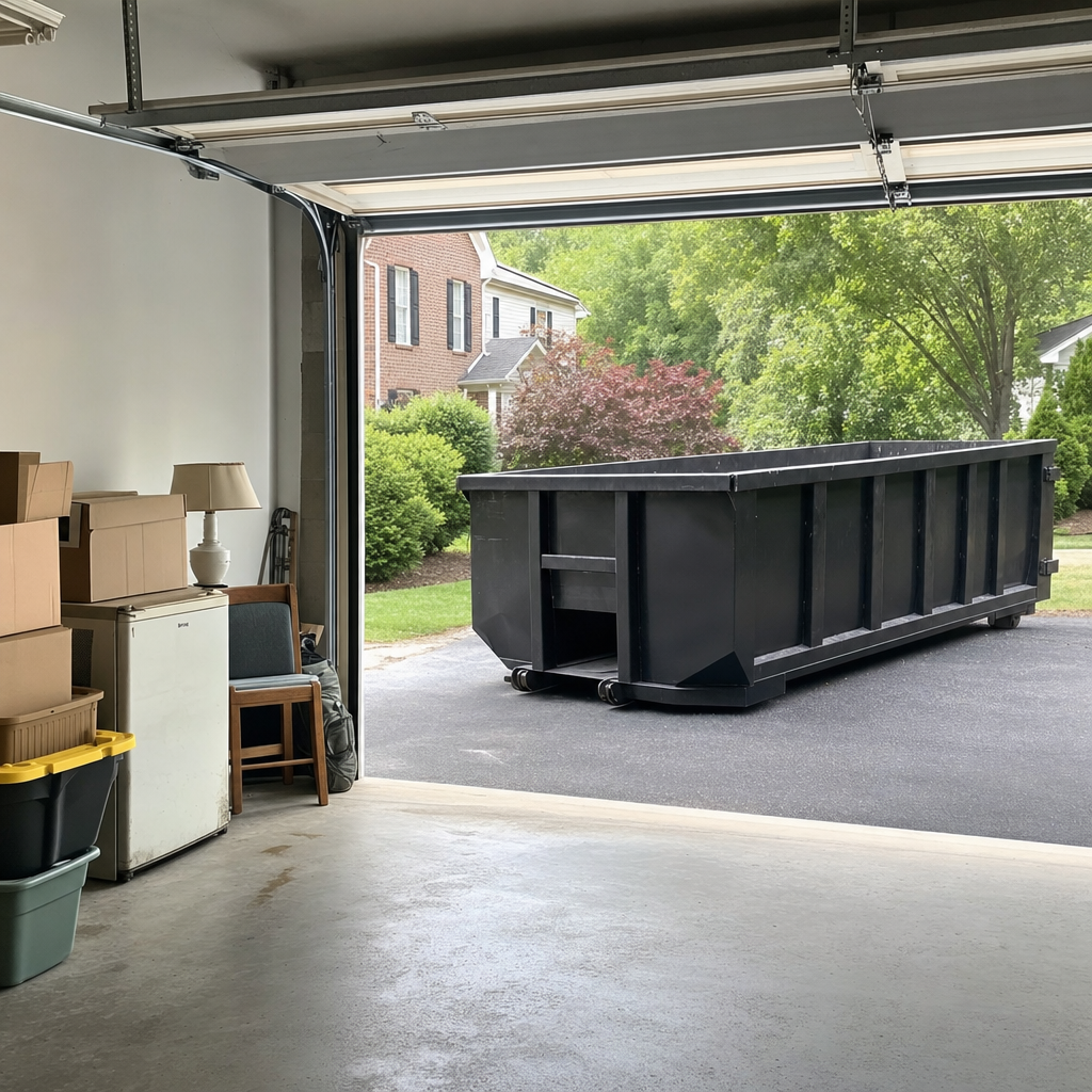 Open garage interior in a Mesquite home mid-cleanout — boxed items, an old appliance, and stacked yard tools queued near the driveway for a matte-black roll-off dumpster, organized and calm