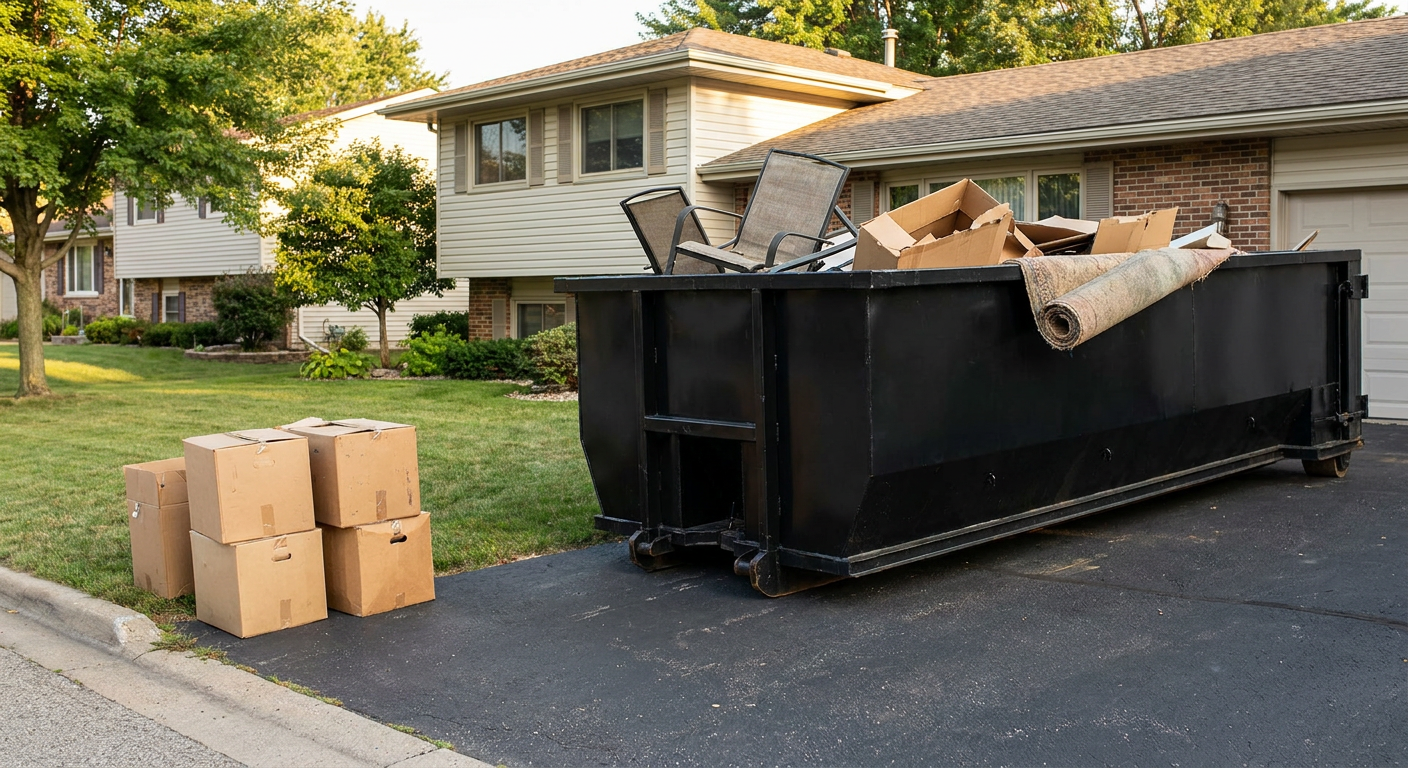 Front-yard view of a Mesquite split-level home with a 20-yard matte-black roll-off dumpster sitting directly on the asphalt driveway, a few clearly labeled donation boxes staged at the curb, calm sunny afternoon.