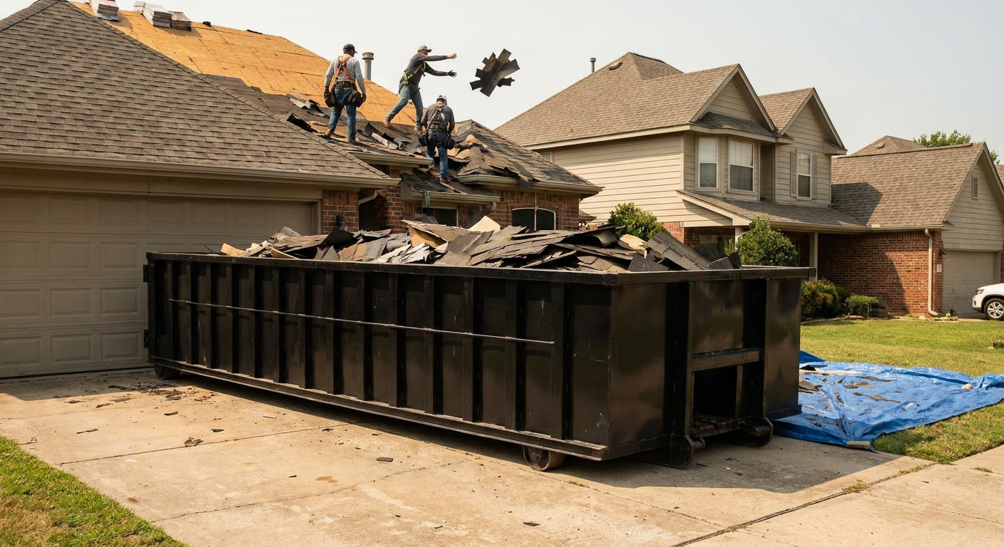 Matte-black roofing roll-off dumpster placed directly on a Mesquite residential concrete driveway, a tear-off crew on a two-story asphalt-shingle roof tossing shingle bundles into the low-walled container, bright daylight, documentary 35mm perspective.