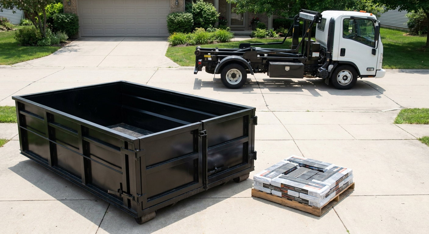 Matte-black 15-yard roofing roll-off dumpster with reinforced low side walls sitting directly on a Mesquite residential concrete driveway, three-tab asphalt shingle bundles stacked nearby, an unmarked white hauler truck partially visible at the edge of the frame.
