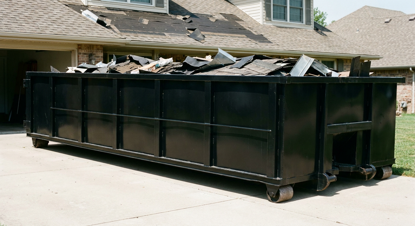 Matte-black 20-yard roofing roll-off dumpster with steel ribbed sides and swinging rear door, sitting directly on the concrete driveway of a two-story Mesquite home, asphalt shingle debris being loaded over the low wall, clean documentary lighting.