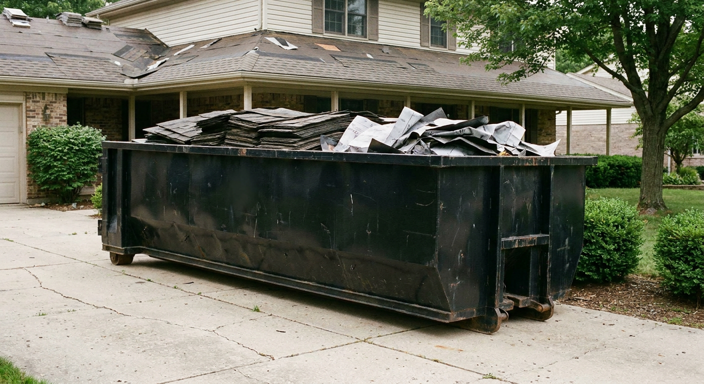 Matte-black 30-yard roofing roll-off dumpster sitting directly on a Mesquite concrete driveway, taller ribbed steel side panels, mixed tear-off debris of asphalt shingles and underlayment inside, professional documentary daylight.