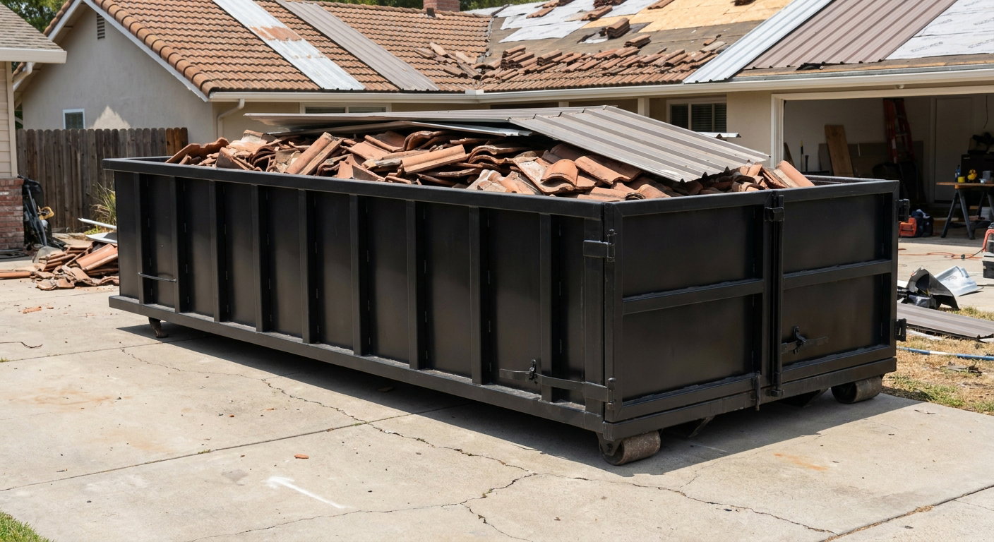 Matte-black low-wall heavy-debris roofing roll-off dumpster sitting directly on a Mesquite concrete driveway, broken concrete clay roof tiles and metal panel sections loaded inside, reinforced ribbed steel side walls visible, bright outdoor daylight.