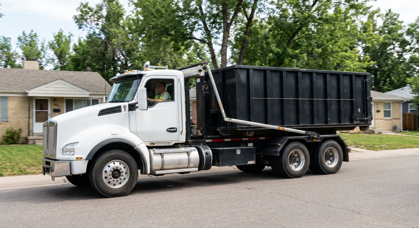A wide documentary shot of a matte-black roll-off delivery truck pulling onto a quiet Mesquite residential street at mid-morning, with neighborhood rooftops and tree-lined blocks visible behind, showing the metro coverage footprint.