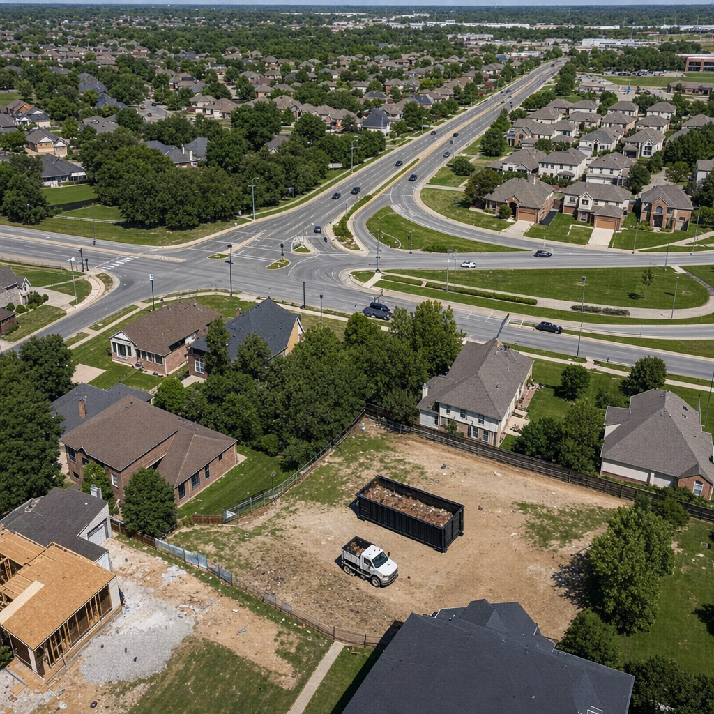 An overhead documentary view of the Mesquite metro area at midday, showing the spread of neighborhoods, arterial roads, and the dispatch radius from a central yard — clean daylight, organized geographic layout.