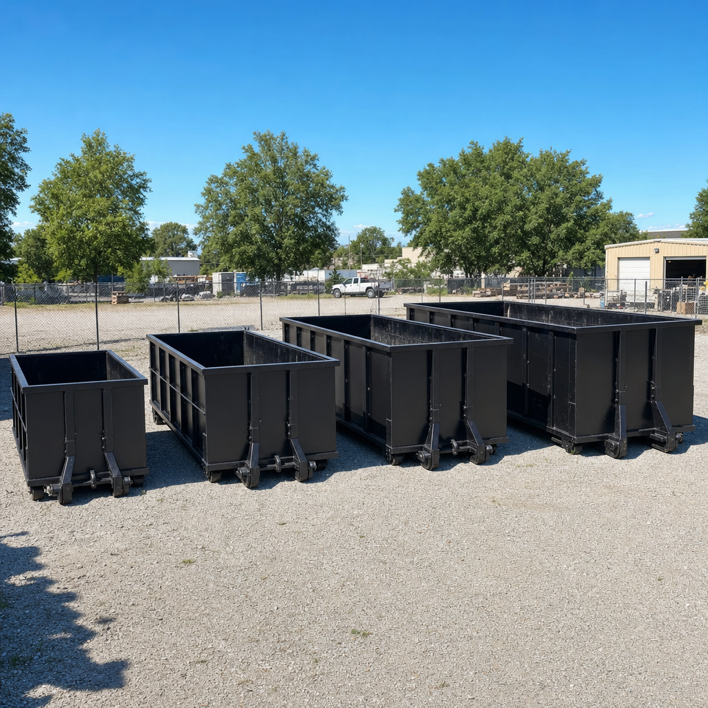 A clean lineup of matte-black roll-off dumpsters in 10, 20, 30, and 40-yard sizes staged on a sunlit gravel yard in Mesquite, showing the size progression from compact to commercial-scale containers.