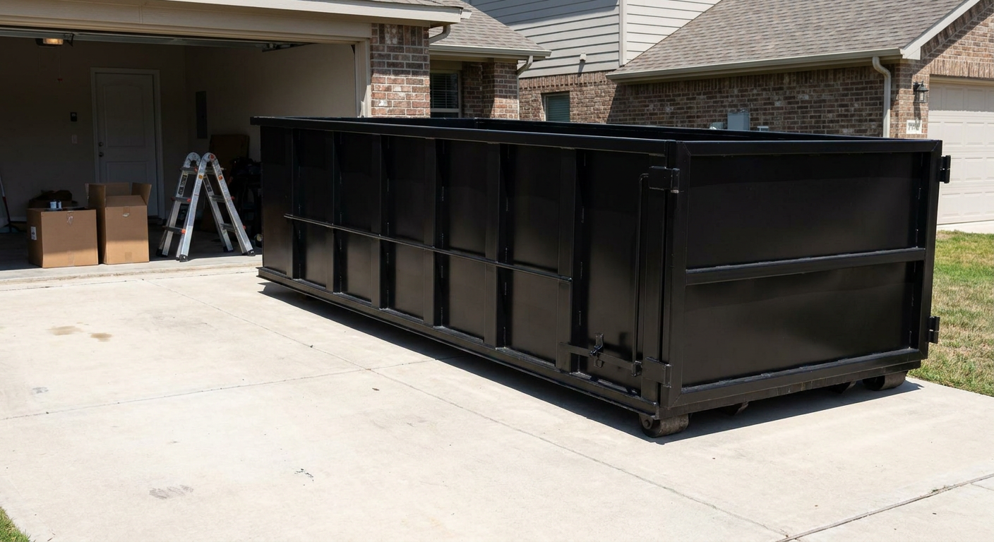 A matte-black 10-yard roll-off dumpster sitting directly on a residential Mesquite concrete driveway, mid-day sunlight, clean and ready for a garage cleanout.