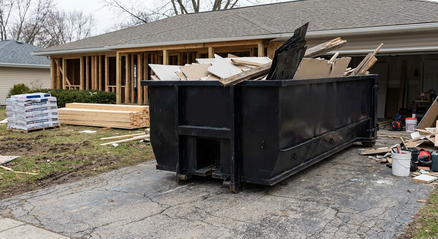 A matte-black 20-yard roll-off dumpster placed alongside a mid-renovation Mesquite home directly on the asphalt driveway, with framing materials and torn-off shingles staged neatly nearby.