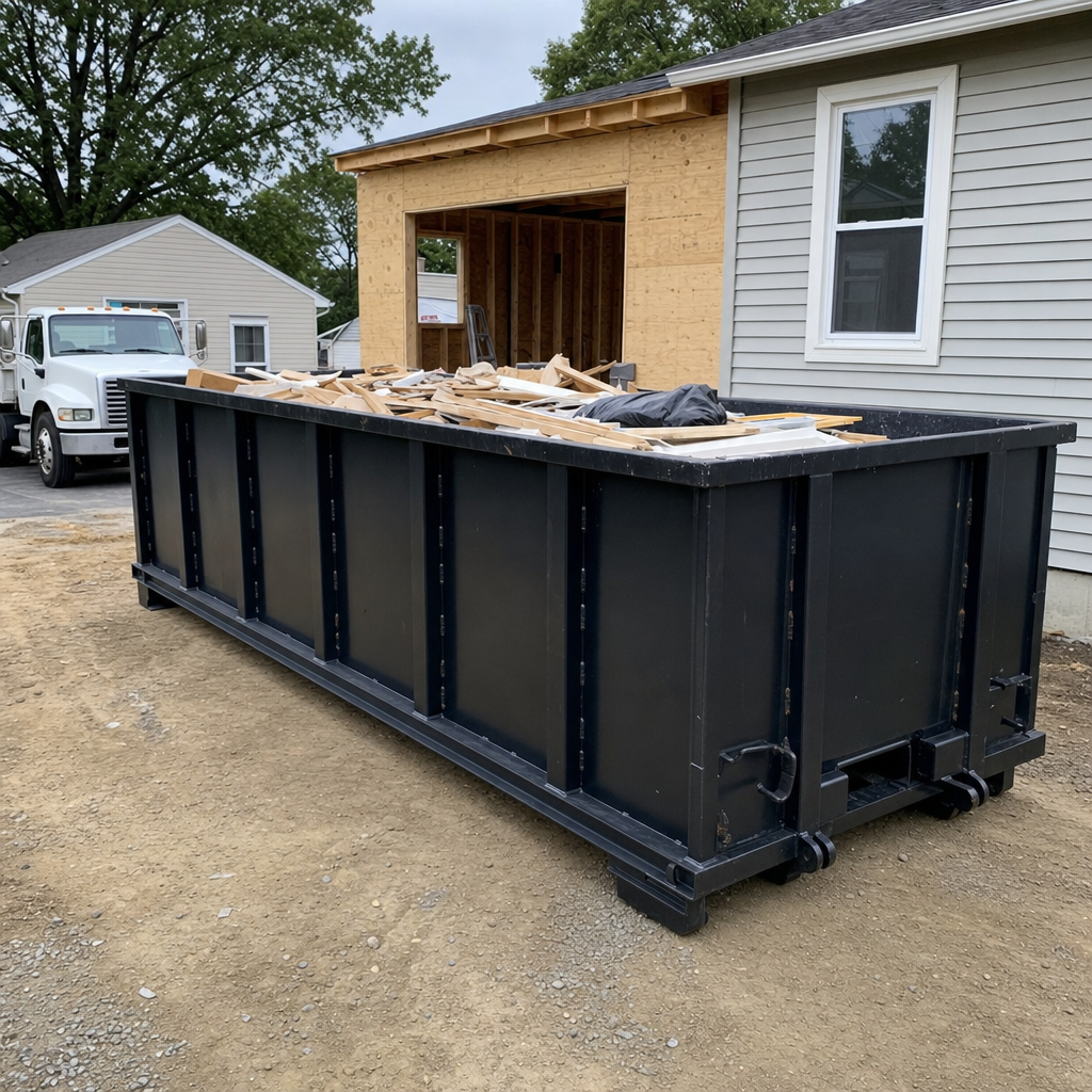 A matte-black 30-yard roll-off dumpster positioned at a Mesquite residential addition jobsite, with framing lumber and drywall scraps loaded through the open swinging rear doors.