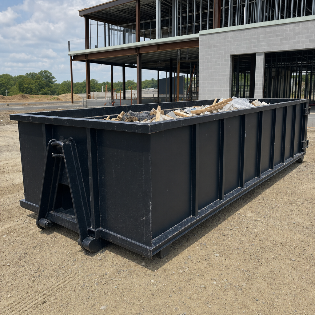 A matte-black 40-yard roll-off dumpster staged on a large Mesquite commercial construction lot, with a hooklift delivery truck parked alongside under bright midday sky.