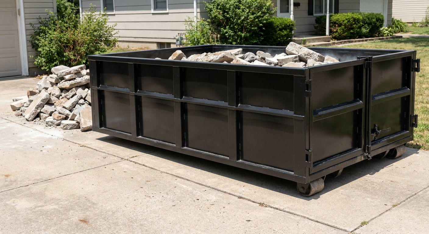 A matte-black low-side heavy-debris roll-off dumpster placed directly on a Mesquite concrete driveway, with broken concrete chunks neatly stacked beside it under clean daylight.